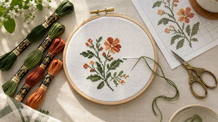 Cover illustration for the article “How to Cross Stitch for Beginners: Complete Guide”
