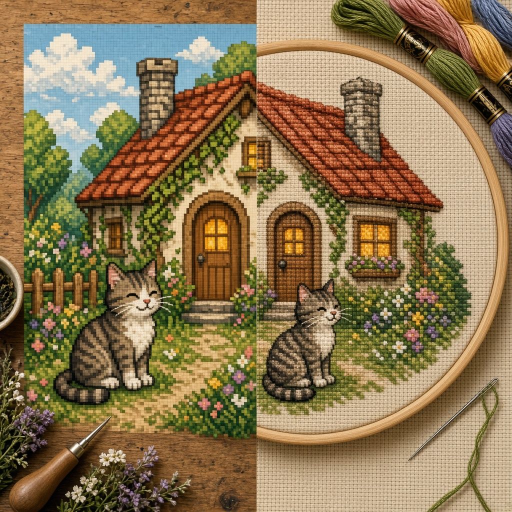 Cover illustration for the article “Pixel Art to Cross Stitch Pattern: Turn AI Pixels into Floss Charts”